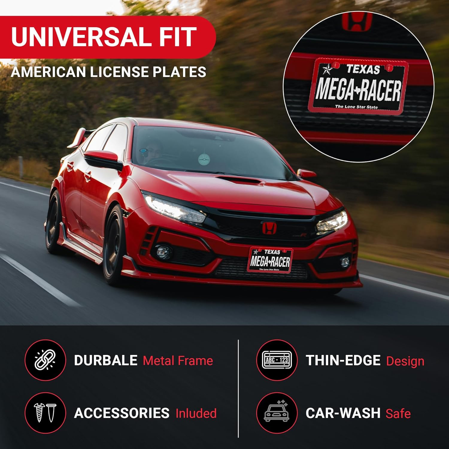Premium Slim Red License Plate Frames – 2 Pack, Rust-Free Stainless Steel, Street Legal & Rattle-Free, Universal Fit with Screw Covers, Sleek Thin Metal Front & Rear Car Tag Holders for Men & Women