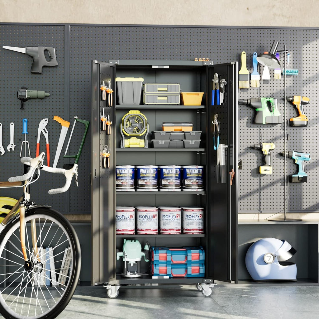 72" Metal Storage Cabinet with Wheels and Pegboard, Lockable Rolling Steel Storage Cabinet with 4 Adjustable Shelves and Door for Garage, Office, Kitchen, Assembly Required