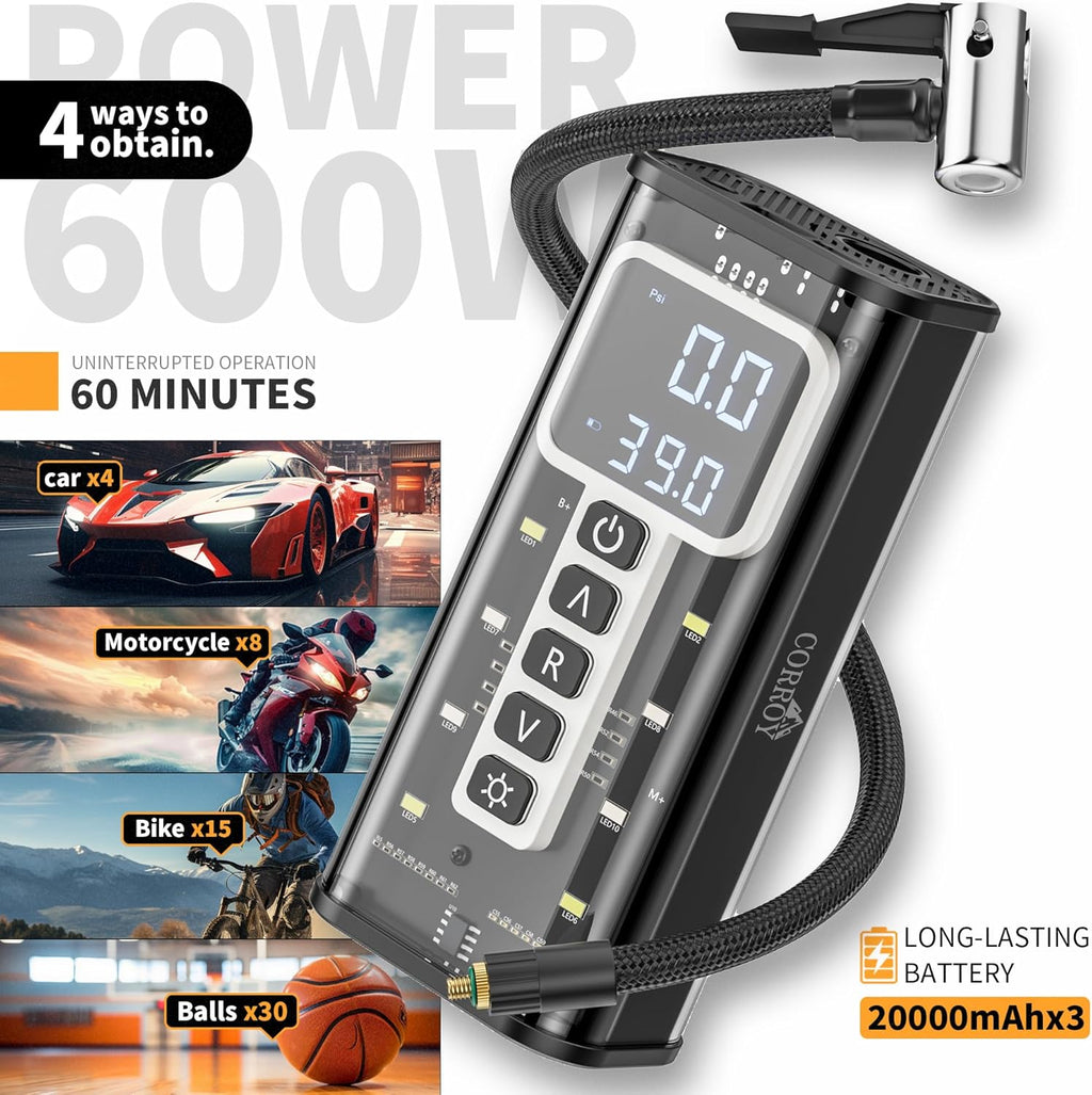 Tire Inflator Portable Air Compressor – 20000mAh Battery, 150PSI Cordless Bike Pump, Dual 12V DC Power, Tire Pressure Gauge, Air Pump for Fast 5X Inflation for Cars, SUVs, Bikes & Balls