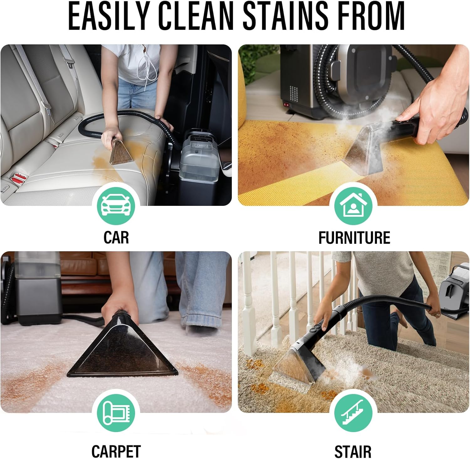 Portable Carpet Cleaner Machine with Steam and Heating Techology,15Kpa Powerful Suction with Versatile Tools for Pets, Couch, Car,Self-Cleaning, Compact Spot Cleaner for Stairs/Furniture/Rug