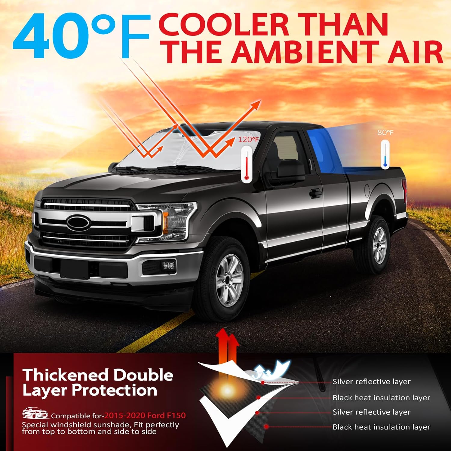 KAYZT Windshield Sun Shade for F150 2015-2020 Foldable Sunshade Front Window Custom Fit Accessories