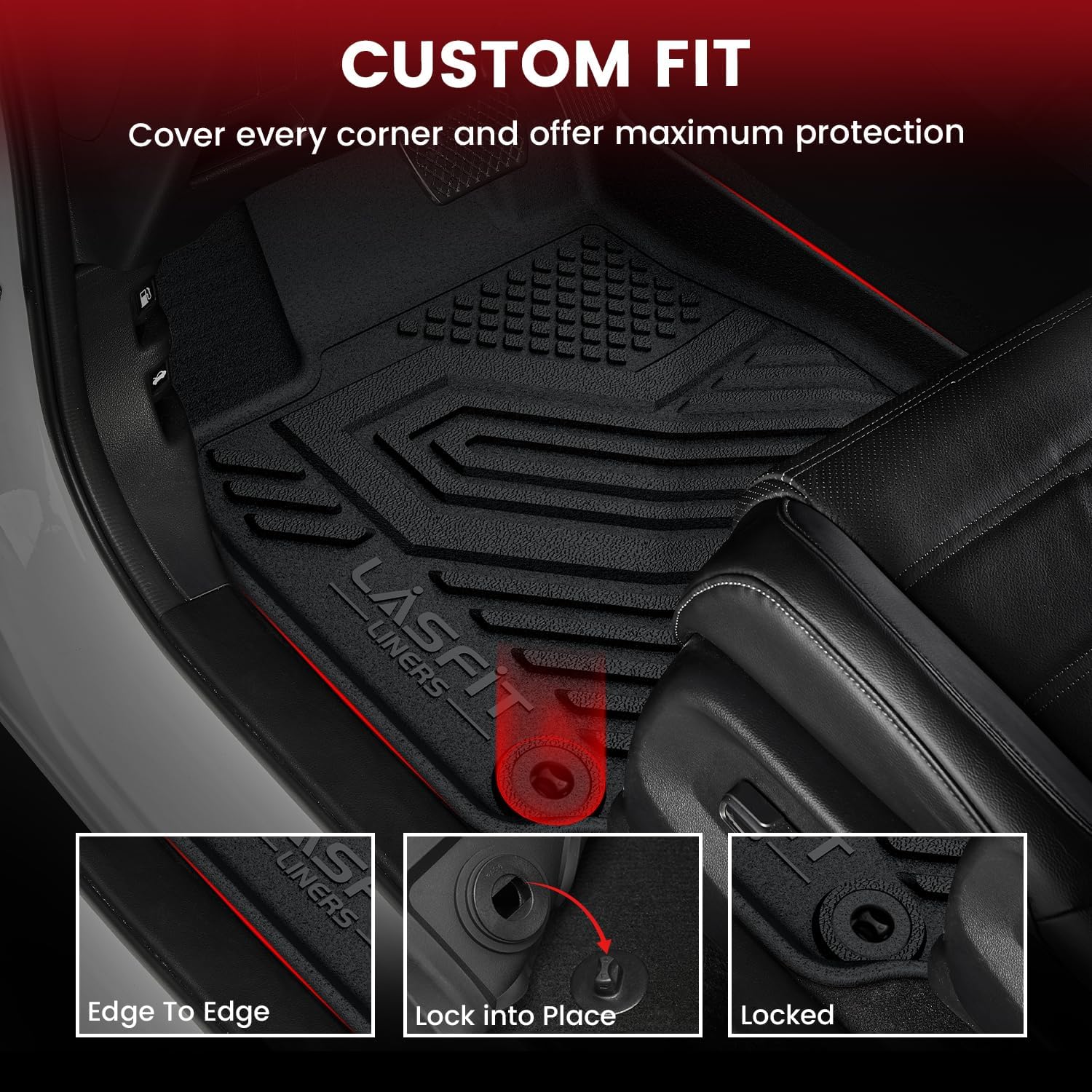 LASFIT Floor Mats for Honda Ridgeline 2025 2024 2023-2017 Crew Cab, All Weather Protection TPE Non-Slip Custom Fit Automotive Accessories Floor Liners 1st & 2nd Row, Black
