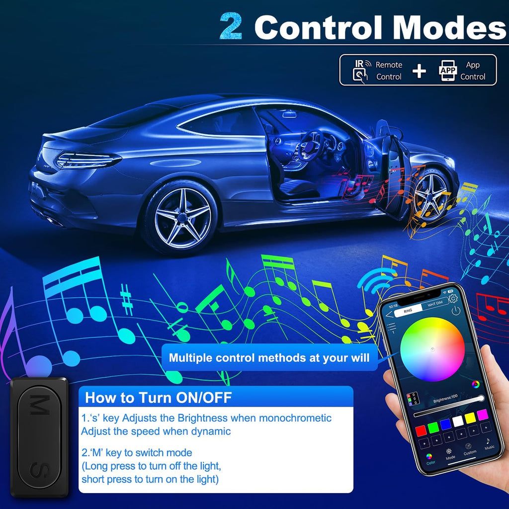 Acrylic Interior Car LED Strip Light with Wireless APP, RGB 6 in 1 with 175 inches 612 LEDs Fiber Optic Car Ambient Lighting Kits, Dynamic Music Sync Neon LED Strip Lights for Car