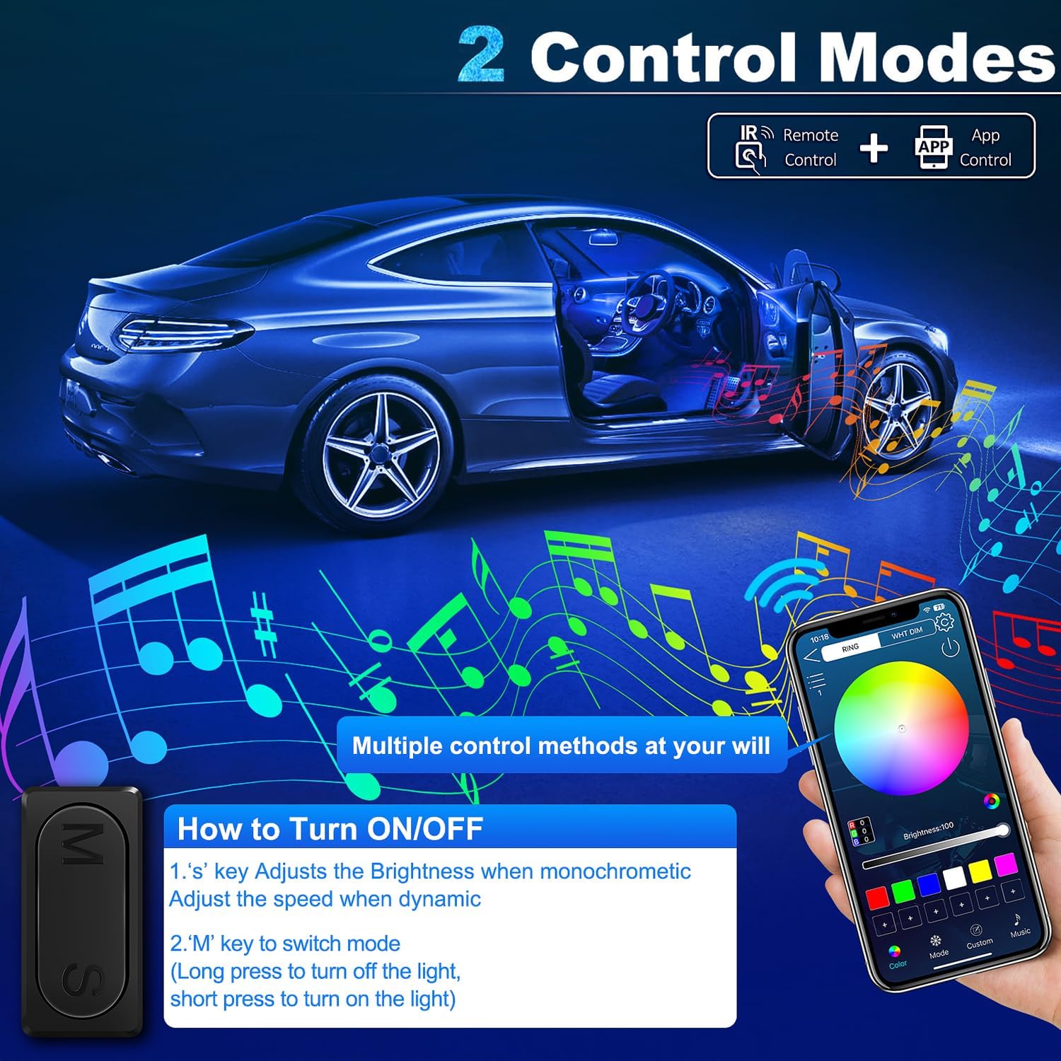 Acrylic Interior Car LED Strip Light with Wireless APP, RGB 10 in 1 with 175 inches 612 LEDs Fiber Optic Car Ambient Lighting Kits, Dynamic Music Sync Neon LED Strip Lights for Car