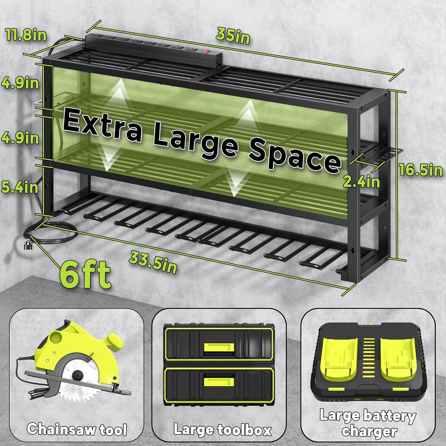 Large Power Tool Organizer Wall Mount with Charging Station, 8 Outlet Power Strip, 4 Layers 8 Drill Holder Heavy Duty Metal Tool Storage Loads 420lbs with Screwdriver Holder, Utility Racks for Garage