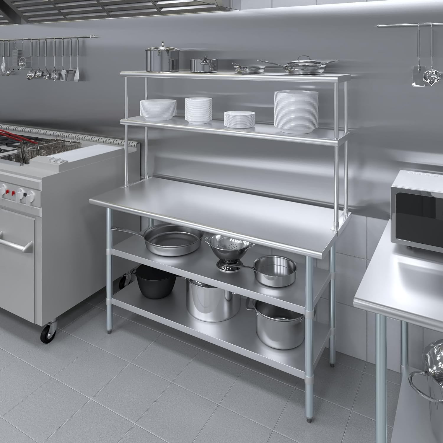 Amgood Stainless Steel Work Table with 2 Shelves | Metal Kitchen Prep Table & Shelving Combo (24" x 60" Table with 2 Shelves + 12" Overshelf)