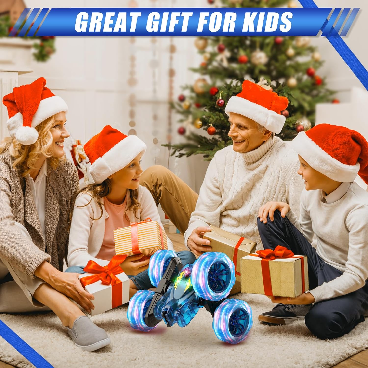 Remote Control Car,Stunt RC Cars for Kids with Colorful Light,Fast USB-C Charging,Double-Sided 360° Rotating Rechargeable 4WD RC Truck Car Toys for Ages 5-7 Gift for Boys Girls Ages 8-12(Blue)