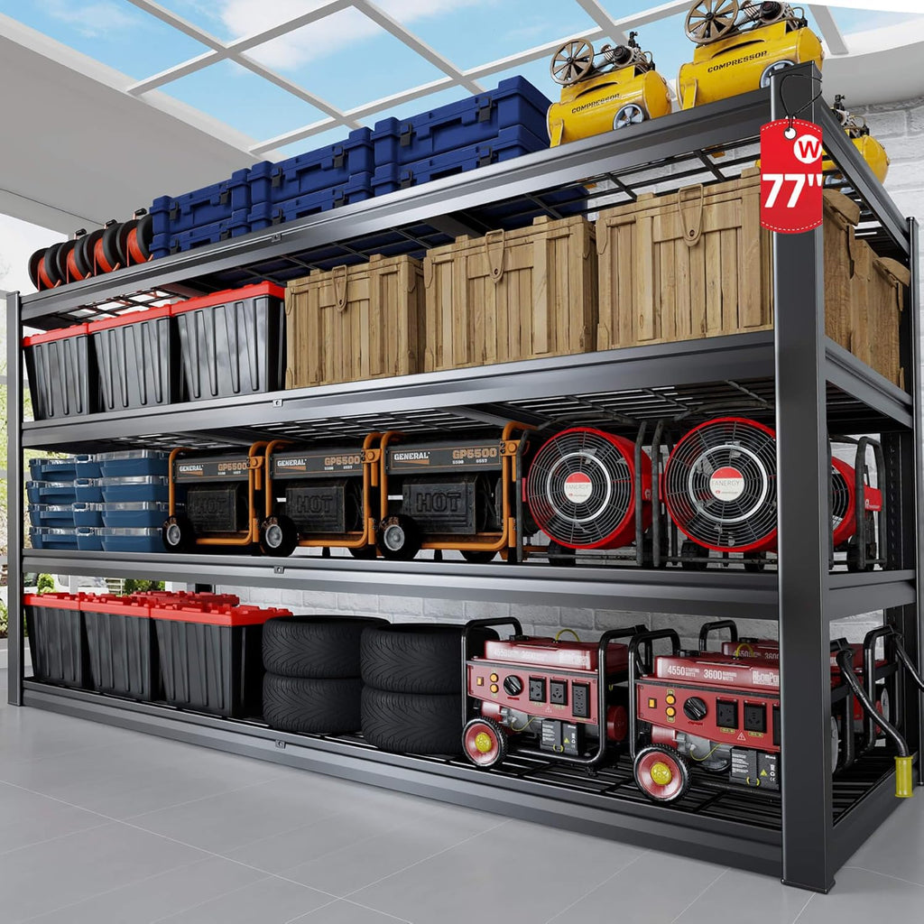 77" W Storage Shelves Heavy Duty Garage Shelving 4 Tier Metal Shelving Unit, Adjustable Shelves, 5000LBS Steel Industrial Shelving for Basement Warehouse Commercial, 77" W*24" D*72”H, 2 Pack