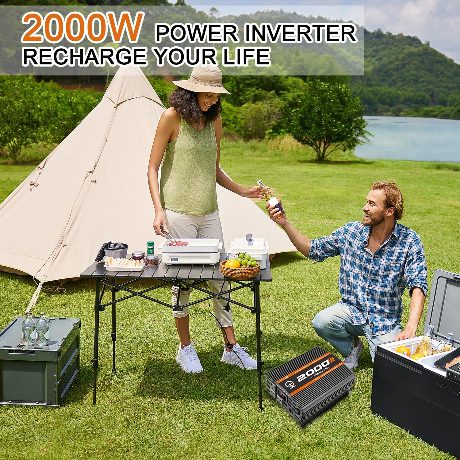 2000 Watt car Power Inverter 12V to 110V/120V Inverter for car Truck semi Truck Vehicles Camping with 1 USB Ports and 2 AC Outlet Power Converter with LCD Display 2000W Inverter