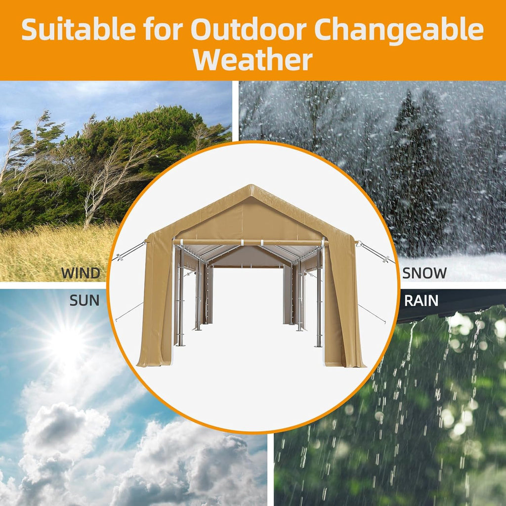 13x20ft Heavy Duty Carport Outdoor Canopy Portable Garage with 4 Doors & 4 Windows Waterproof UV Resistant Storage Shelter with Removable Sidewalls for Car Truck Boat, Earthy Yellow