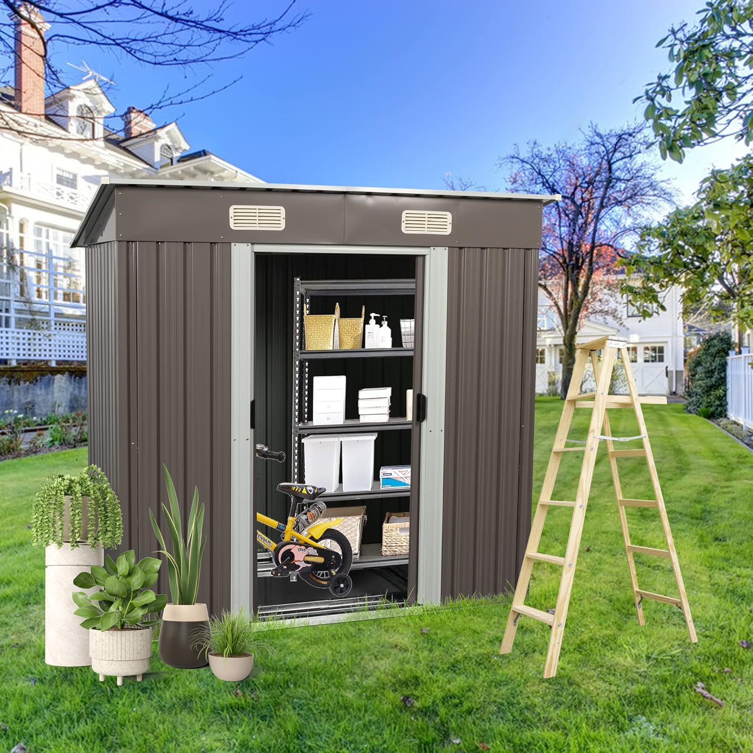 6 x 4 FT Outdoor Storage Shed,Metal Anti-Corrosion Utility Tool House with Punched Vents, w/Sliding Doors & Padlock,Waterproof Garden Sheds for Backyard Lawn Patio,Grey