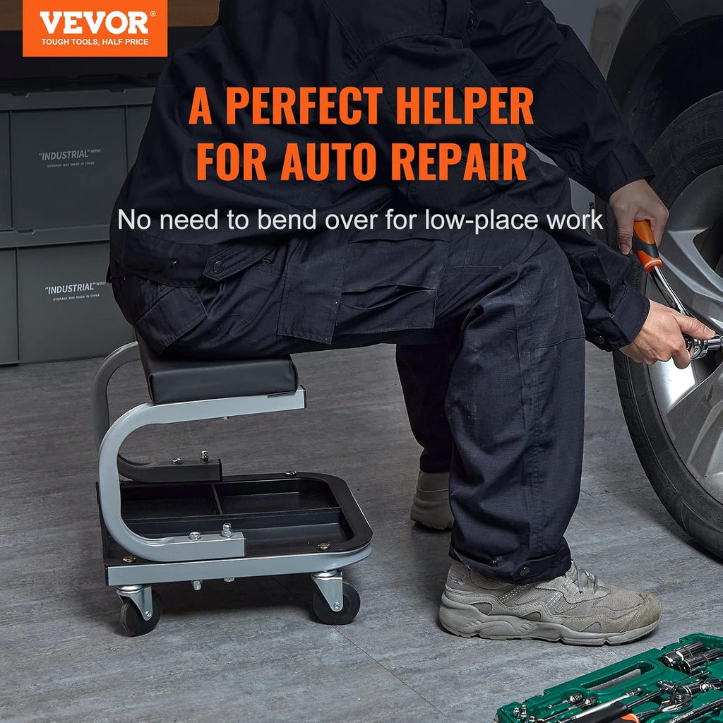 VEVOR Rolling Creeper Garage/Shop Seat, 250 LBS Capacity Padded Rolling Workshop Stool with Tool Tray Storage, Mechanic Stool for Garage, Shop, Auto Repair, Black