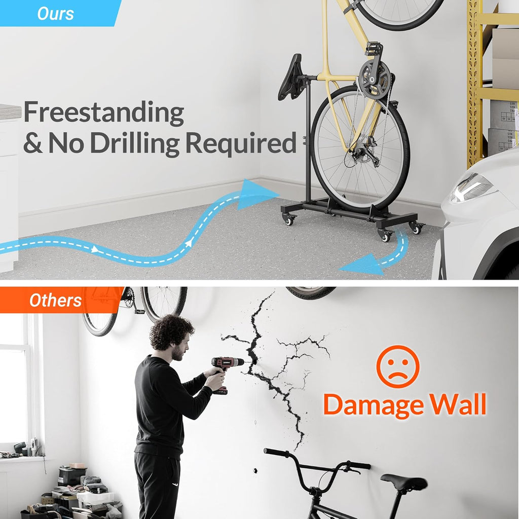 Vertical Bike Stand, Freestanding Indoor Bike Storage Rack Upright Bicycle Floor Stand Indoor Bike Holder with Adjustable Height for Garage & Apartment - for Wheels Sizes up to 29”