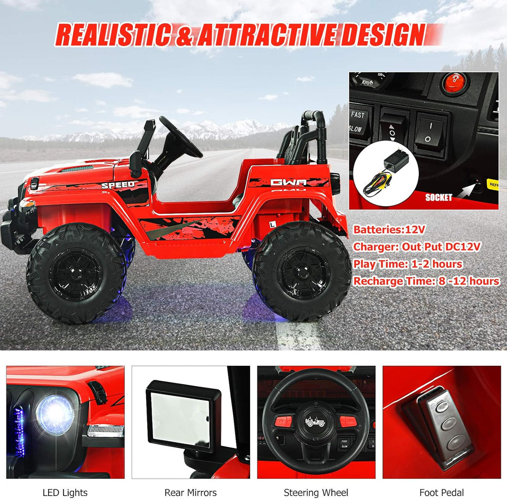 INFANS Kids Ride on Car Truck with 2.4G Remote Control, 12V Battery Powered Electric Cars for Kids w/3 Speeds, Battery Display, LED Lights, Safety Belt, Music & Horn, Bluetooth/FM/USB (Red)
