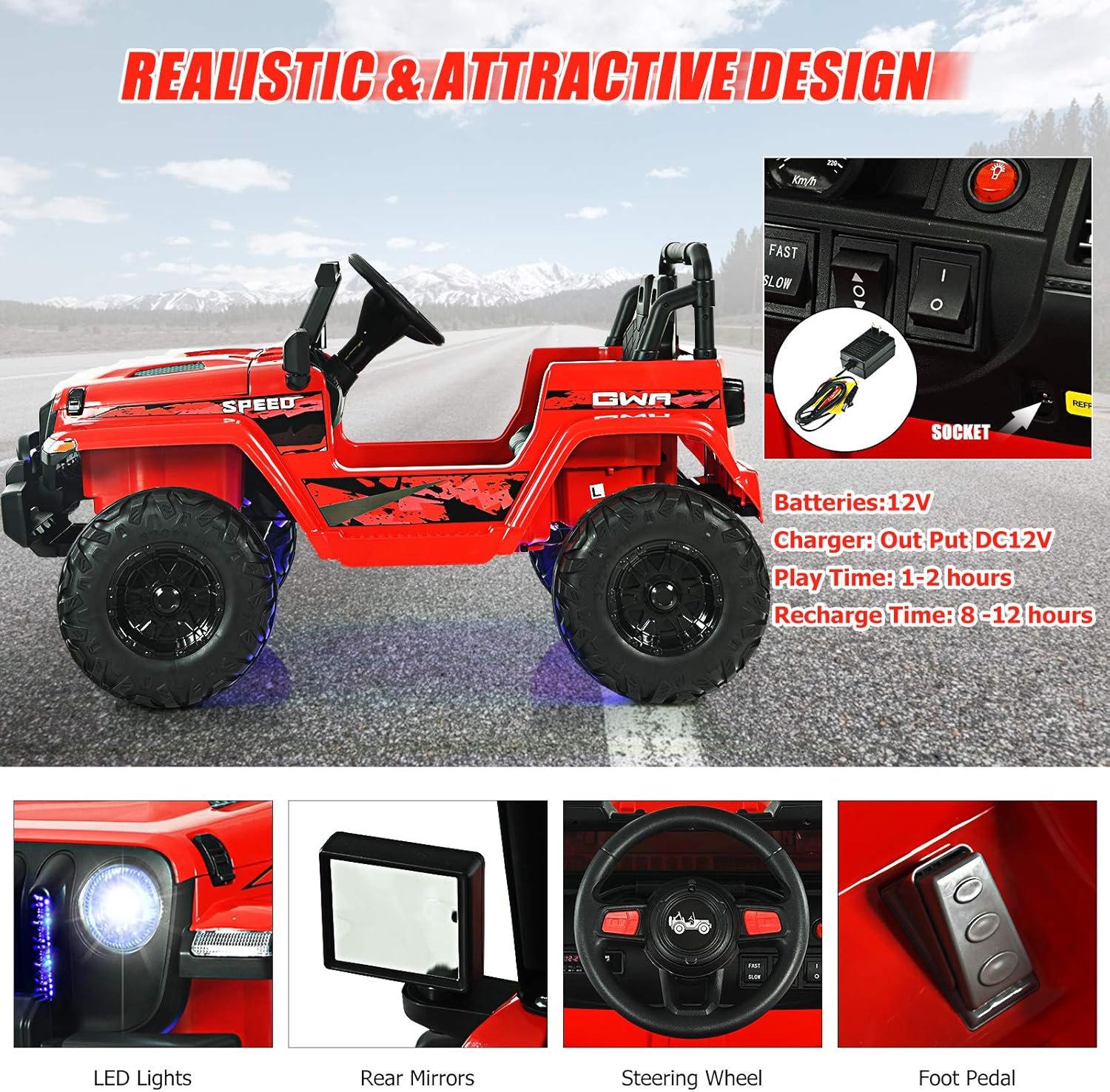 INFANS Kids Ride on Car Truck with 2.4G Remote Control, 12V Battery Powered Electric Cars for Kids w/3 Speeds, Battery Display, LED Lights, Safety Belt, Music & Horn, Bluetooth/FM/USB (Red)