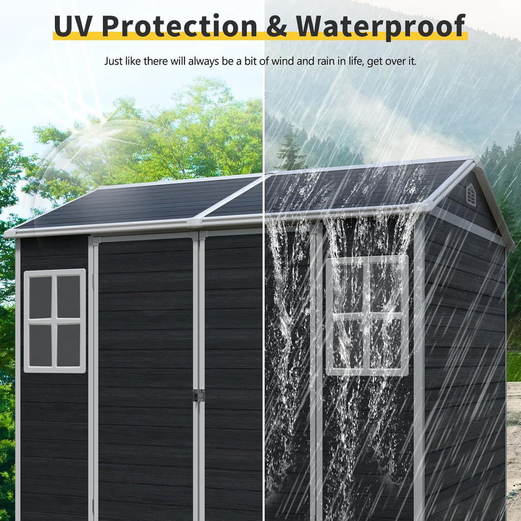 8x6 FT Outdoor Storage Shed, Resin Garden Shed with Thick Floor, Plastic Storage Shed with 2 Windows, Waterproof Outside Tool Shed with Lockable Hinged Doors for Backyard, Patio, Lawn, Black