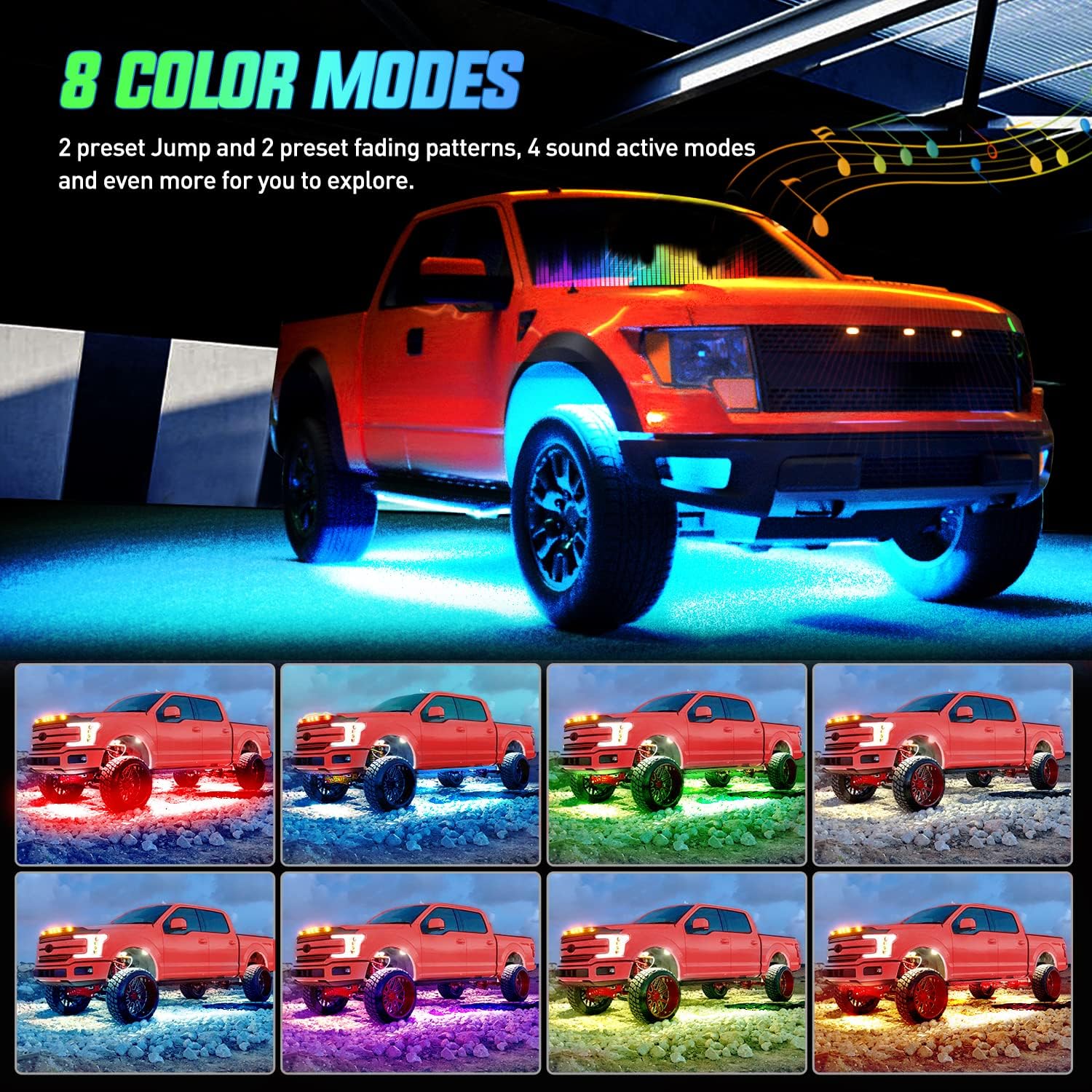 Nilight 4Pcs Car Underglow Neon Accent Strip Lights 256 LEDs RGB Multi Color DIY Sound Active Function Music Mode with APP Control and Remote Underbody Light Strips