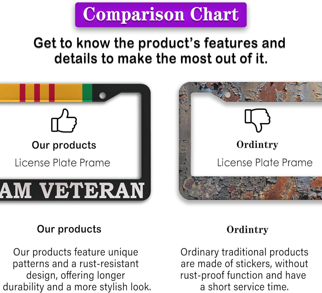 License Plate Cover Black and White License Plate Frames Vietnam Veteran Universal Aluminum Car Accessory 2 Pack with Screw Covers Set