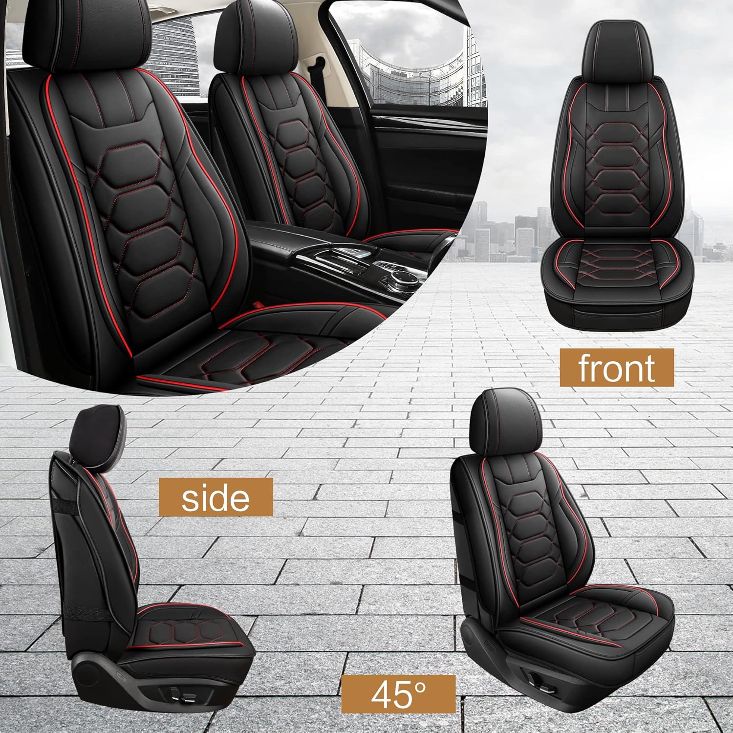 Pariitadin Leather Car Seat Covers Front Pair, Waterproof Faux Leather Seat Covers for Cars, Non-Slip Car Interior Covers Universal Fit for Most Cars Sedans Trucks SUVs, Black/Red