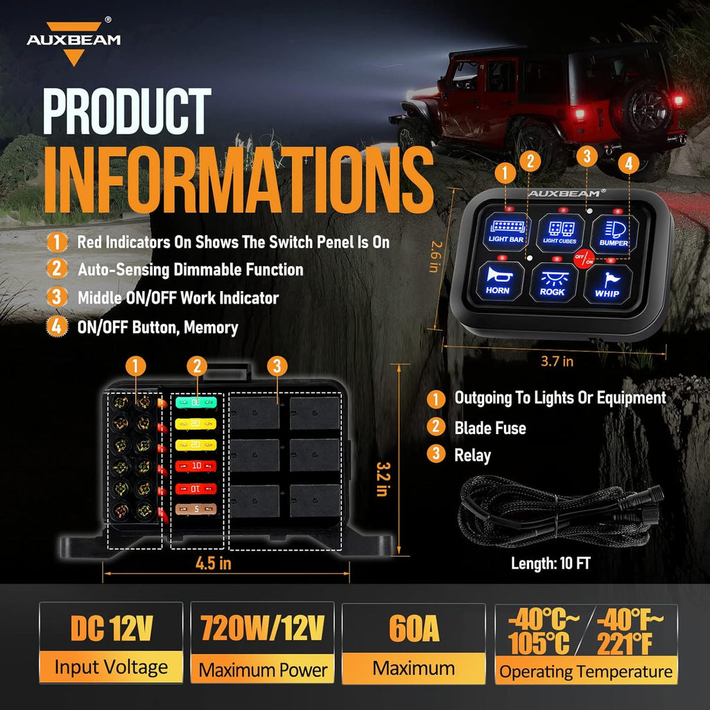 Auxbeam 6 Gang Switch Panel BC60 Universal Circuit Control Relay System Automatic Dimmable LED Switch Pod Touch Control Panel Switch Box for Car Truck Pickup Boat UTV SUV - Blue, 2 Years Warranty