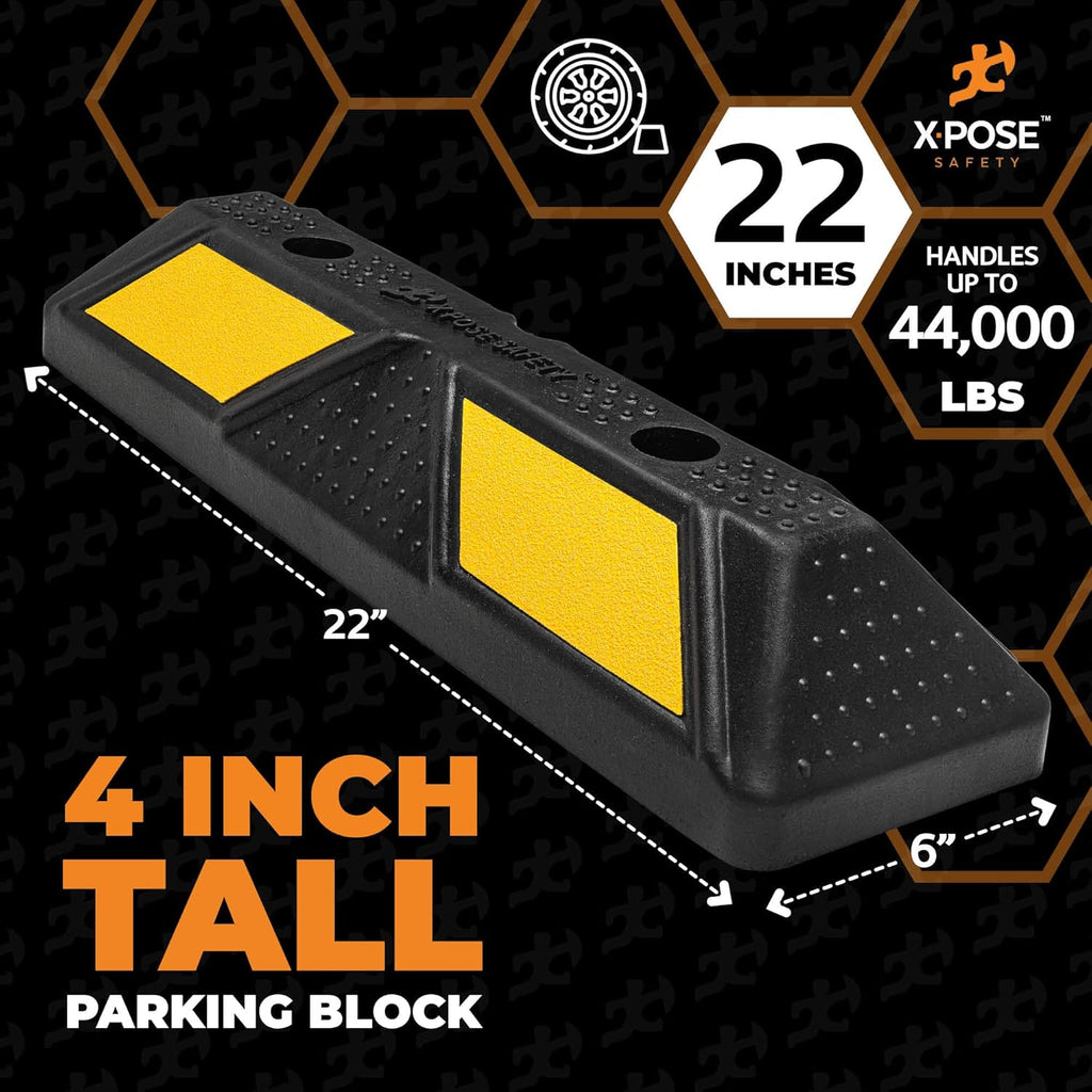 Xpose Safety 22" Heavy Duty Rubber Parking Stopper – 2 Pack Wheel Blocks for Garage, Driveway, or Ramp – Car Bumper Stop with Yellow Reflective Strips – Removable Floor Mount