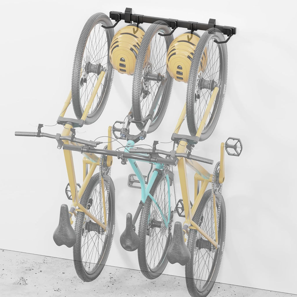 monTEK Enhanced Bike Storage Rack, Adjustable 3-Bike and 2-Helmet Hangers for Indoor Bike Storage, Customizable for Various Bike Sizes, Heavy-Duty Steel Bike Wall Mount, Max Load 209lbs, 32-in
