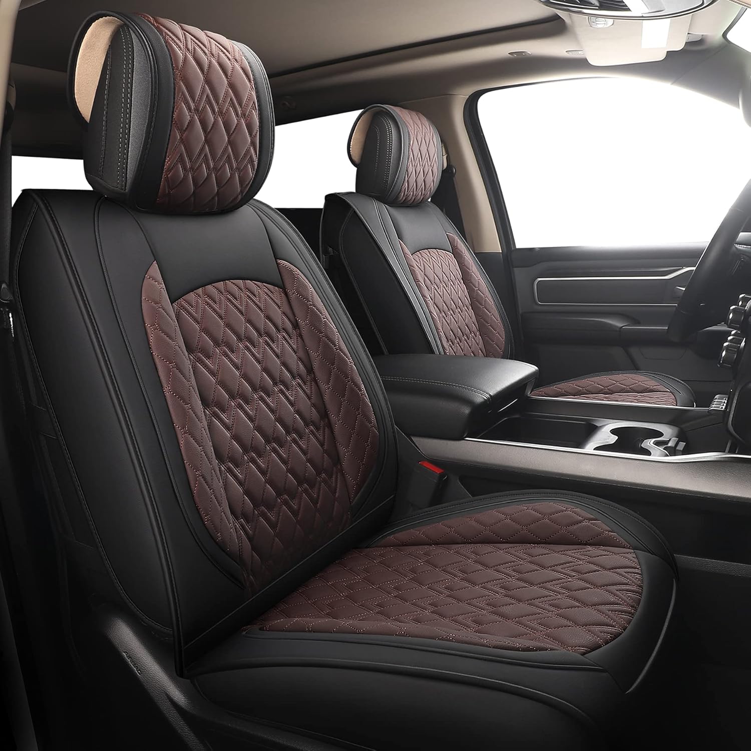 JOJOBAY Car Seat Covers for Dodge Ram Full Set,Fit Ram 2009-2025 1500/2500/3500 Pick-up Truck,Crew,Regular,Quad,Mega Cab,Waterproof Leather Seat Covers Protectors（5PCS Full Set,Black-Brown）