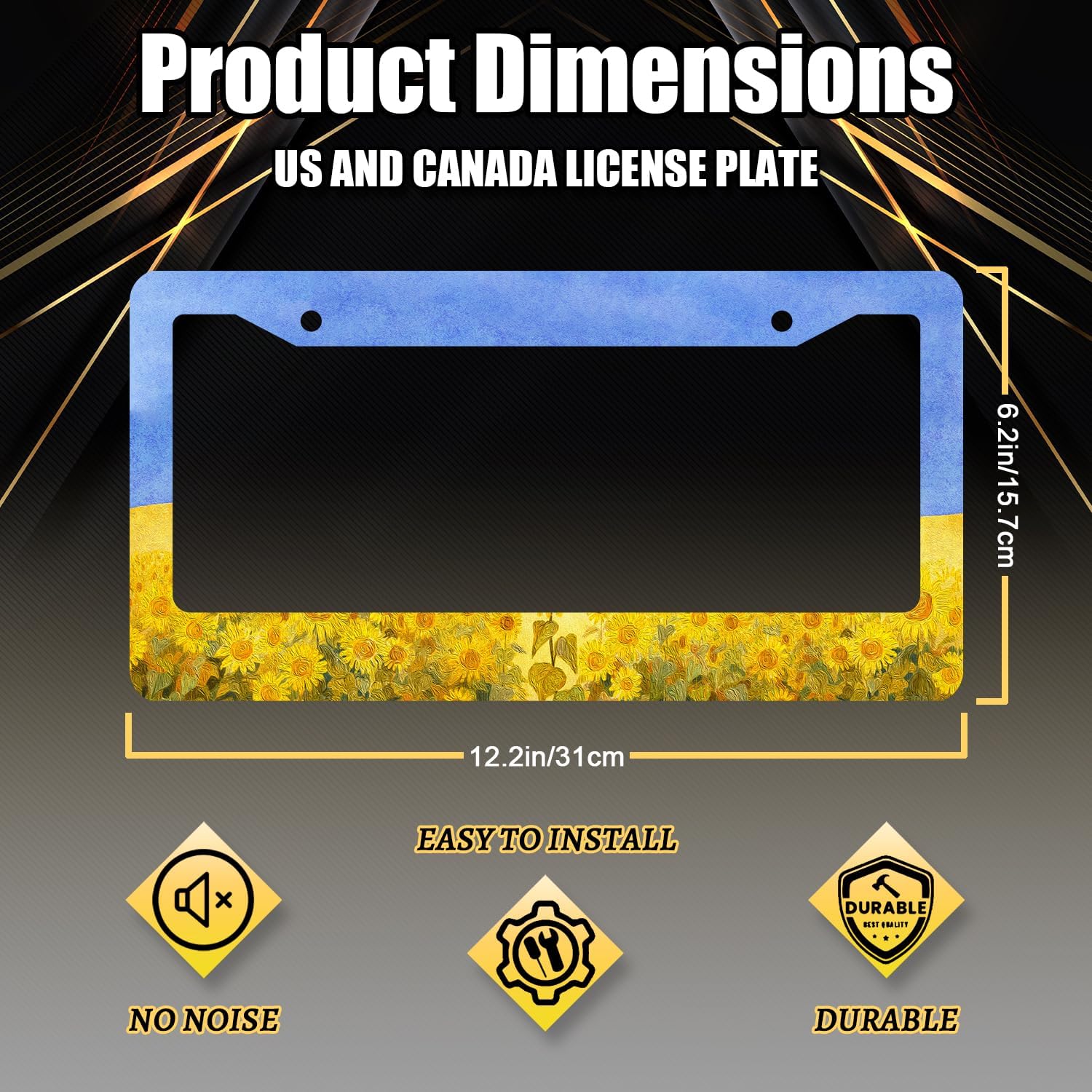 Sunflowers License Plate Frame Watercolor Yellow Floral License Plate Holder Colorful Stainless Steel Flowers Car Accessory Funny License Plate Decoration Size 12.2"x 6.2" with Screws