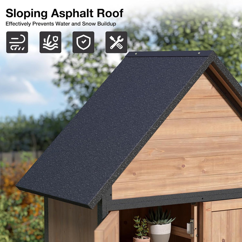 Outdoor Storage Shed with Sloped Roof - Heavy-Duty Metal & Wood Garden Cabinet, Adjustable Shelves, Large Capacity Waterproof Design for Patio, Garage, Backyard (Brown)