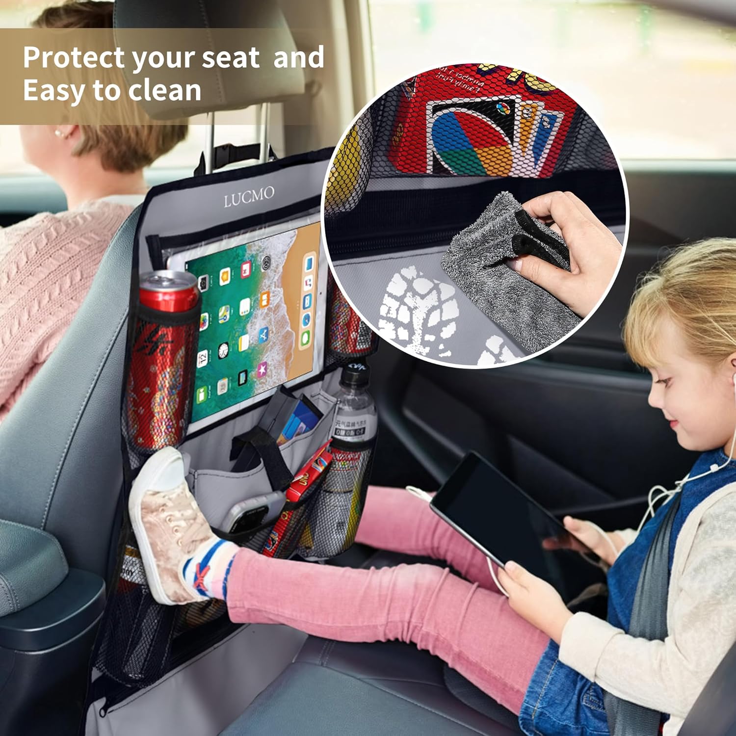 LUCMO Car Backseat Organizer with Touch Screen Tablet Holder-2 Pcs,9 Storage Pockets Car Storage Organizer Protectors Kick Mats Travel Accessories for Kids-Grey