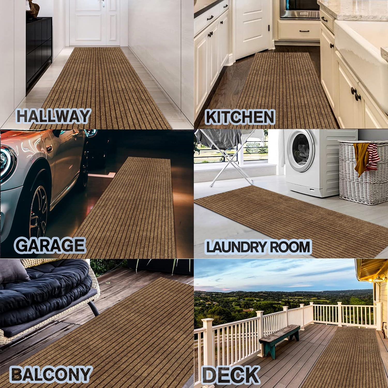 Custom Size Backed Non-Slip Area Rugs Runner, Easy Clean, Waterproof Runner Rugs for Hallway Entryway, Kitchen, Laundry, 3FT x 51FT, Brown Stripe