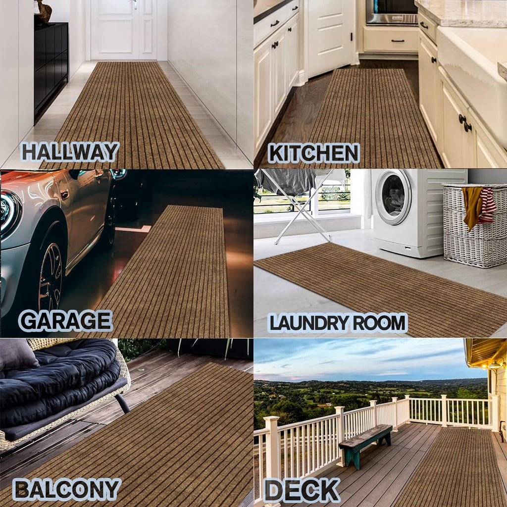 Custom Size Backed Non-Slip Area Rugs Runner, Easy Clean, Waterproof Runner Rugs for Hallway Entryway, Kitchen, Laundry, 2FT x 18FT, Brown Stripe