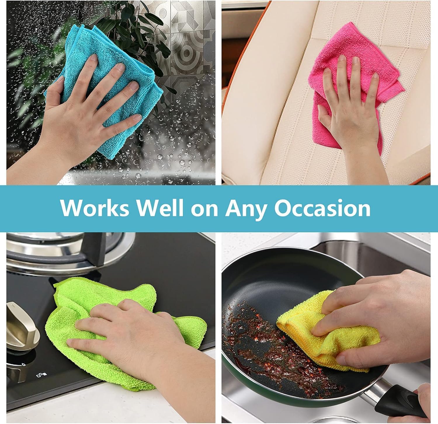 HOMEXCEL Microfiber Cleaning Cloth,150 Pack Cleaning Rags, Cleaning Towels with 4 Color Assorted,11.5"X11.5" Shop Towels (Green/Blue/Yellow/Pink)