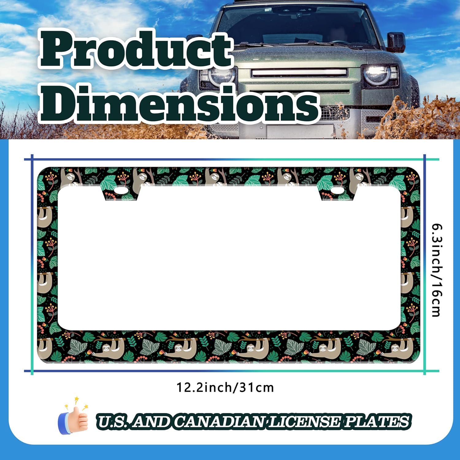Cute Sloth License Plate Frame Funny Animal Climbing Tree License Plate Holder for Front or Rear Car Tags Stainless Steel Car Decoration with Screws 6.3 X 12.2 in