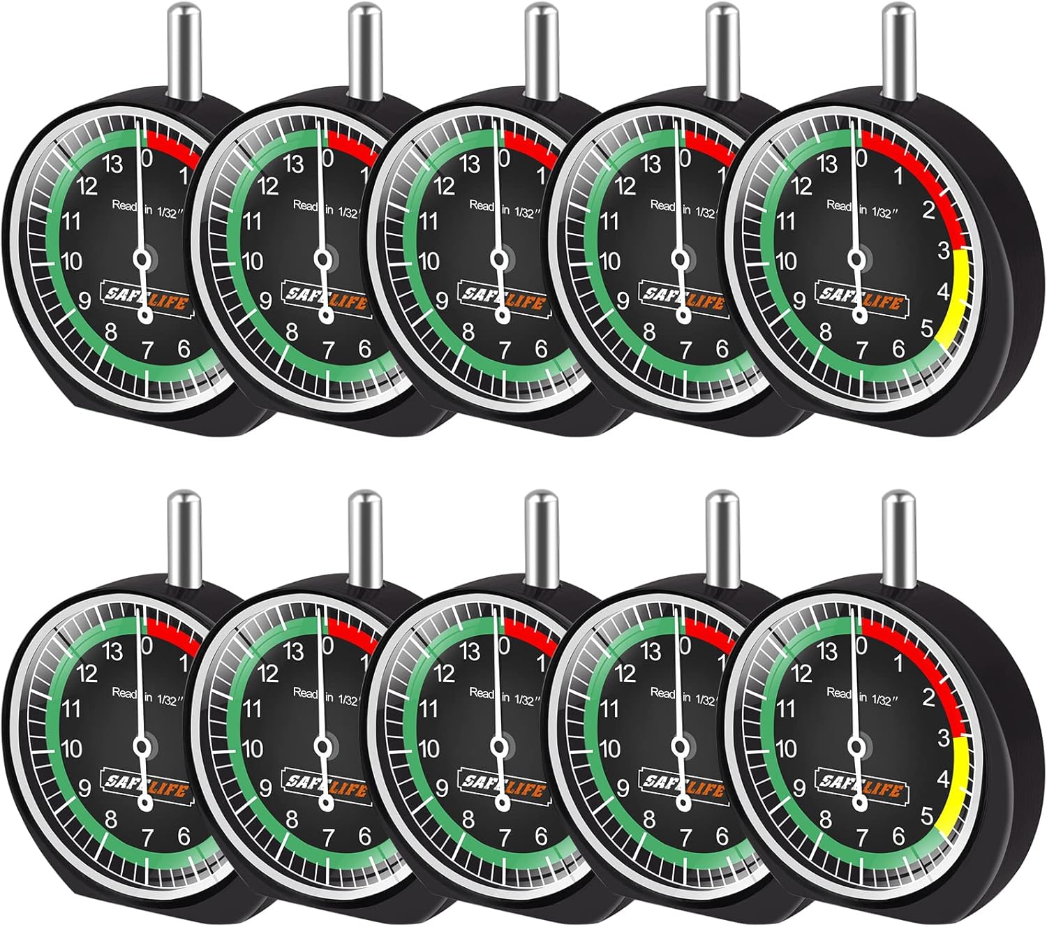 SAFELIFE Tire Tread Depth Gauge, 10 Pack Dial Type Tire Tread Depth Gauge Professional for Motorcycle, Car,Truck and Bus,Easy Reading Tyre Tread Depth Gauge in 32nds