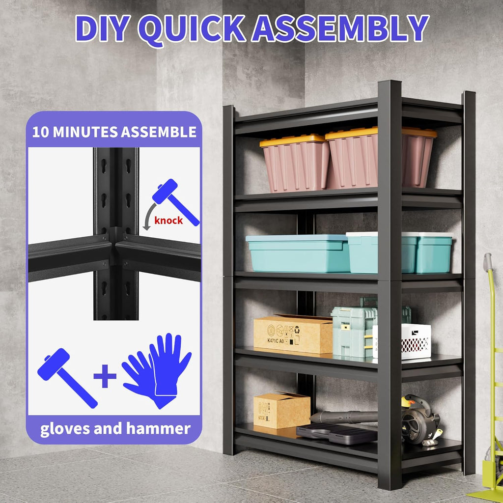 Metal Garage Shelving Unit,78"H Heavy Duty 5-Tier Adjustable Storage Rack,18"D x 48"W x 78"H Steel Shelving,3000 lbs Industrial Shelves for Heavy Tools and Equipment,Ideal for Garage, Basement,Black