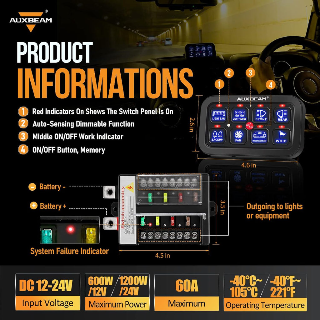 Auxbeam 8 Gang Switch Panel BB80 Universal Circuit Control Relay System Automatic Dimmable LED Switch Control Panel Switch Pod Touch Switch Box for Car Truck Offroad ATV SUV - Blue, 2 Years Warranty