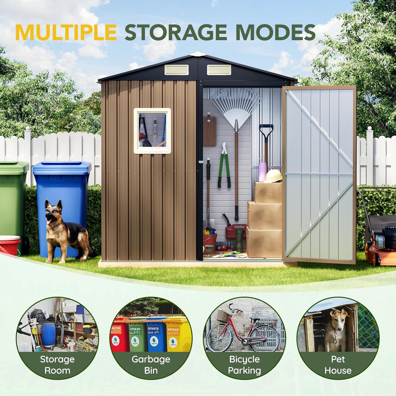 Breezz 6x4FT Outdoor Steel Storage Shed, Lockable Doors, Compact Metal Tool Shed for Garden, Backyard, Patio, Utility, and Bike Storage,Brown