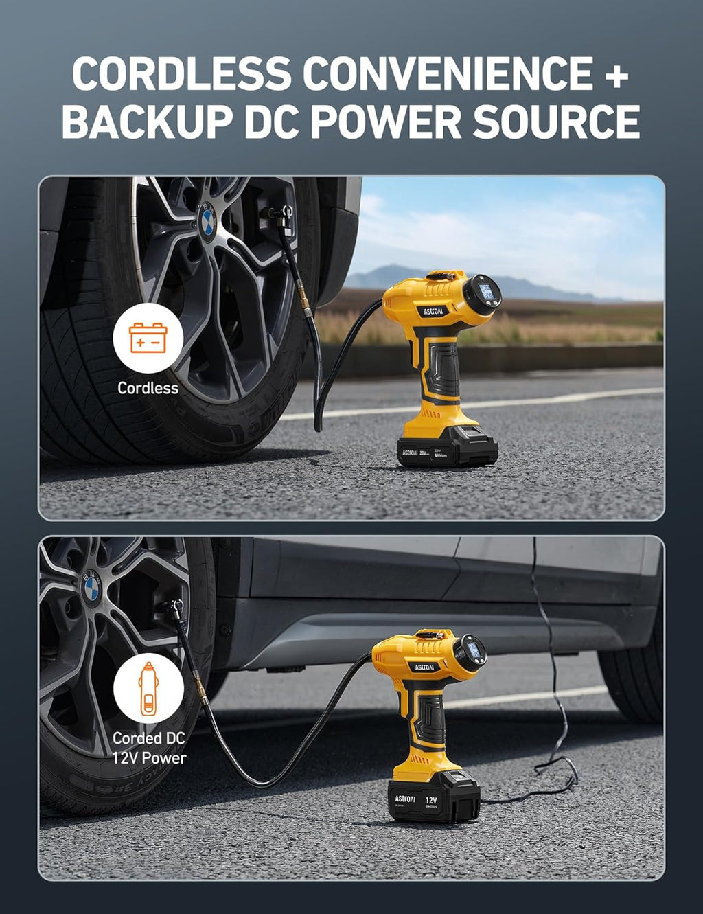 AstroAI Cordless Tire Inflator Air Compressor 20V Rechargeable Battery Powered 160PSI Portable Air Pump with 12V Car Power Adapter Digital Pressure Gauge for Cars Motorcycles JY16P160-18（C2）Yellow