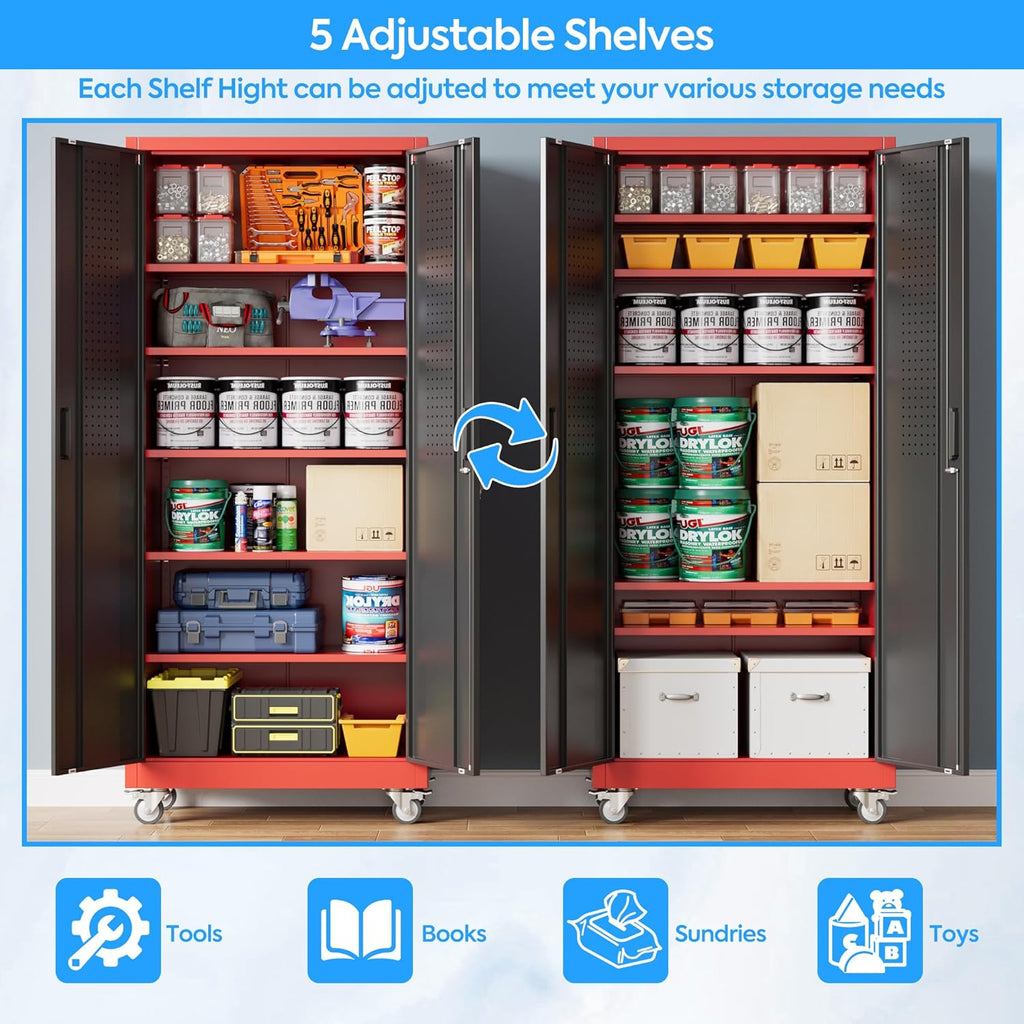 71" H×32" W×16" D Garage Storage Cabinet with Wheels, Locking Metal Storage Cabinet with 5 Adjustable Shelves, 4 Hooks and Pegboard for Garage, Home Office, Kitchen, Black and Red