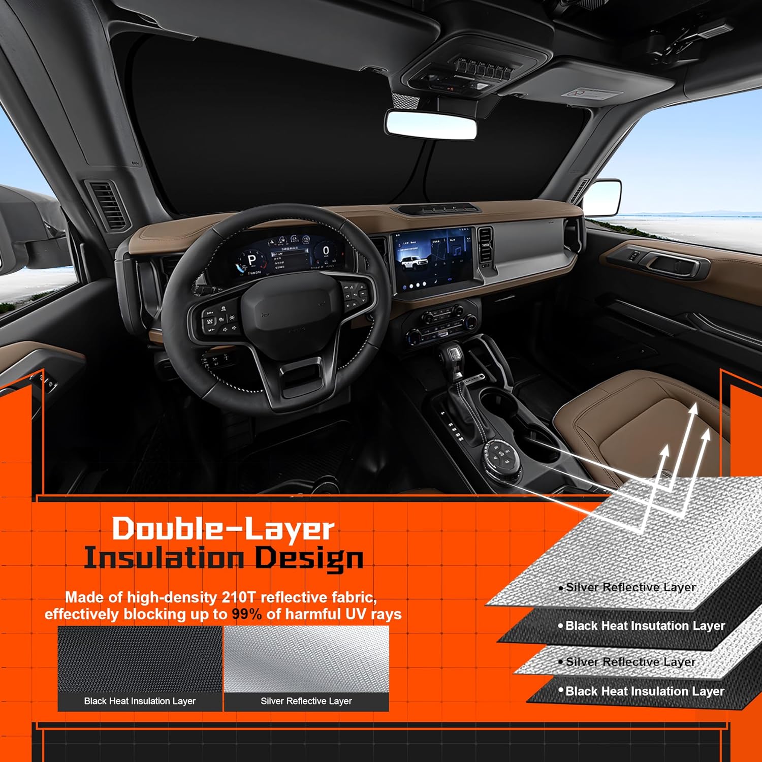 Custom Fit Windshield Sun Shade for H-yundai Palisade 2020-2025 - Full Coverage, 210T Reflective Fabric, Double-Layer Design - Blocks 99% UV Rays, Keeps Car Cool, Easy to Install and Store