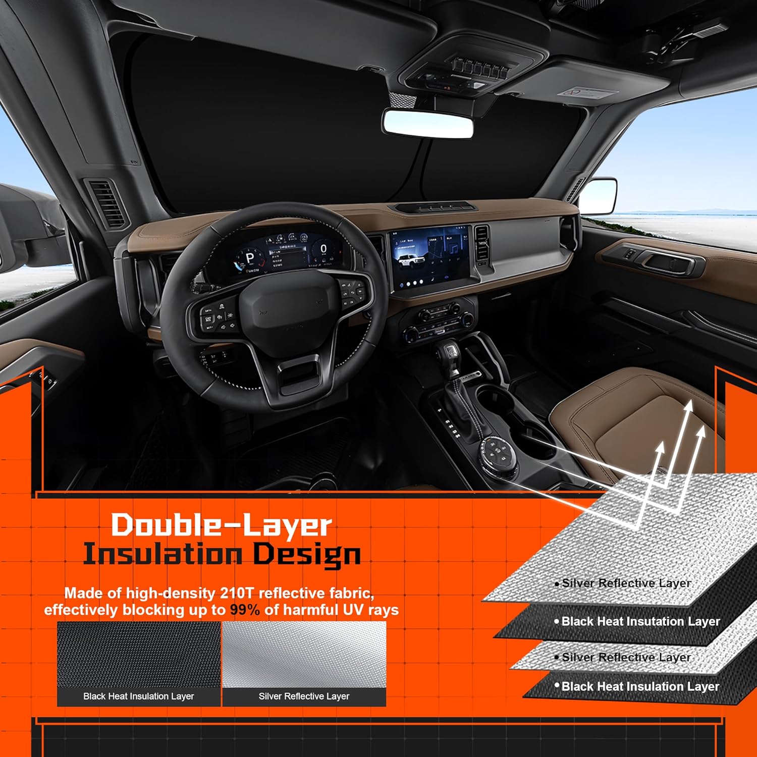 Custom Fit Windshield Sun Shade for Lincoln Navigator 2018-2025 - Full Coverage, 210T Reflective Fabric, Double-Layer Design - Blocks 99% UV Rays, Keeps Car Cool, Easy to Install and Store