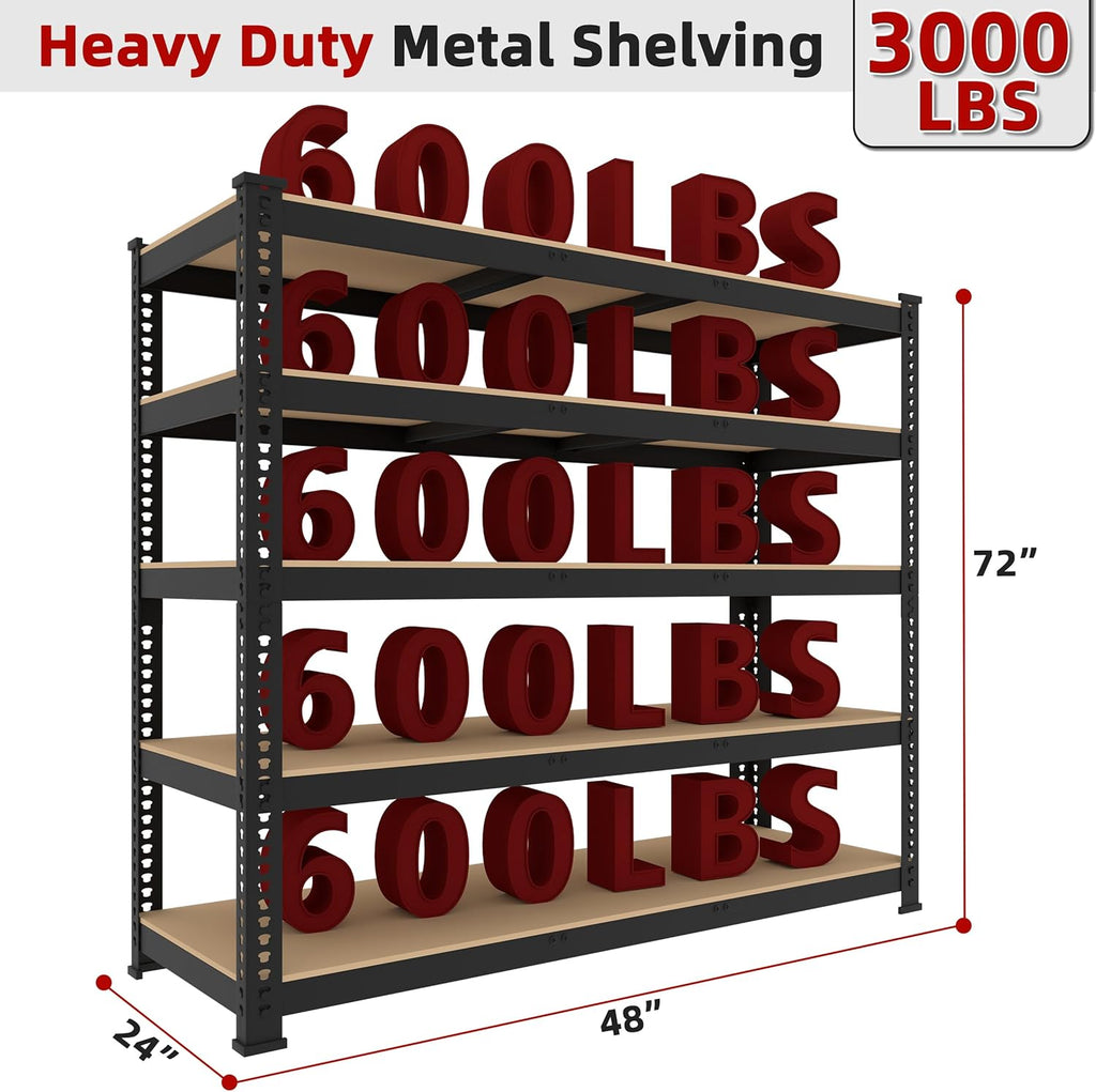 48" W x 24" D x 72" H Adjustable Garage Storage Shelves - 5-Shelf Heavy Duty Shelving Unit, Metal Utility Storage Organizer Racks for Warehouse Pantry Closet Kitchen, Black