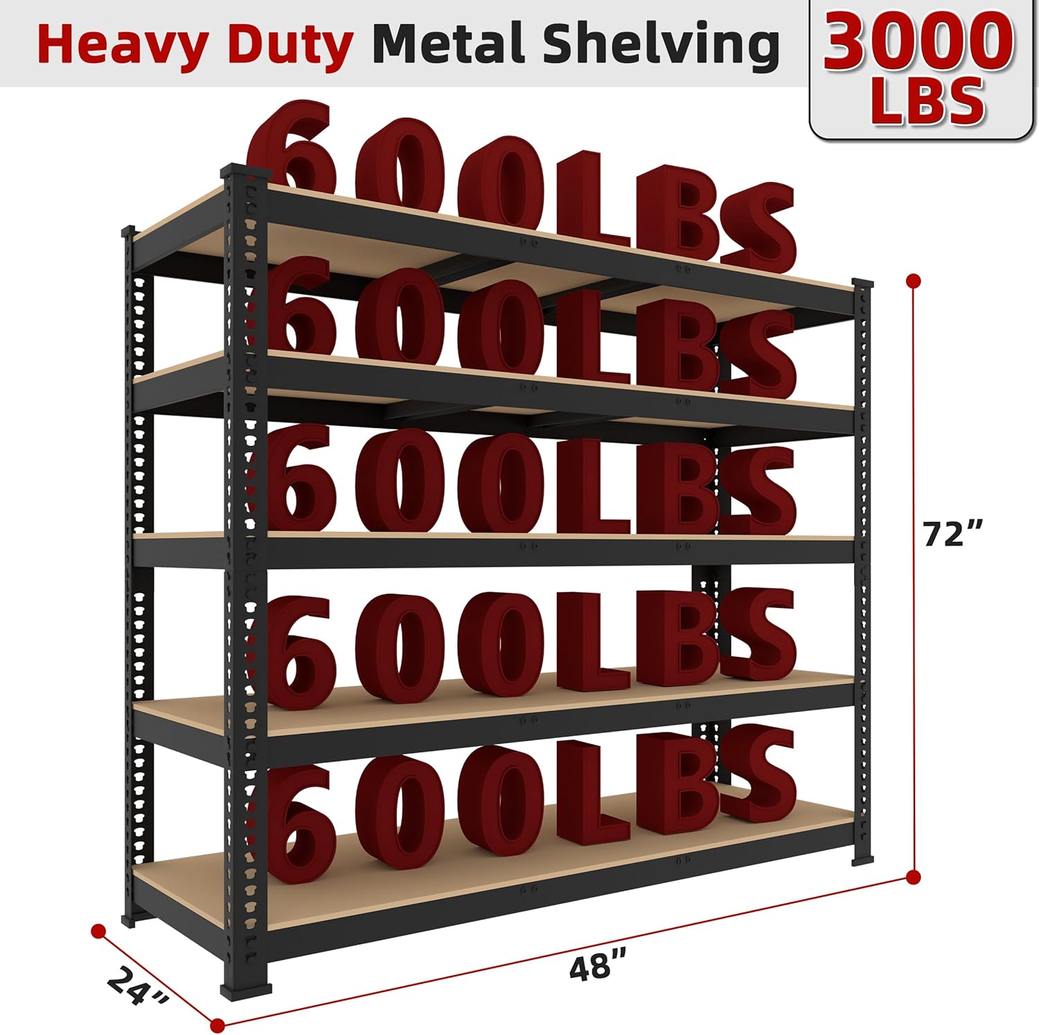 2 Packs 48" W x 24" D x 72" H Adjustable Garage Storage Shelves - 5-Shelf Heavy Duty Shelving Unit, Metal Utility Storage Organizer Racks for Warehouse Pantry Closet Kitchen, Black