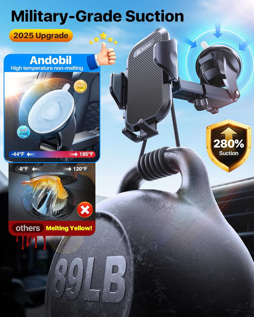 andobil Car Phone Holder Mount (Strong Suction&Bumpy Road Stable) Phone Holders for Your Car, Cell Phone Car Mount for Windshield Dash Vent Truck Cradle Stand for iPhone 16 15 Pro Max 14 13 12 Samsung
