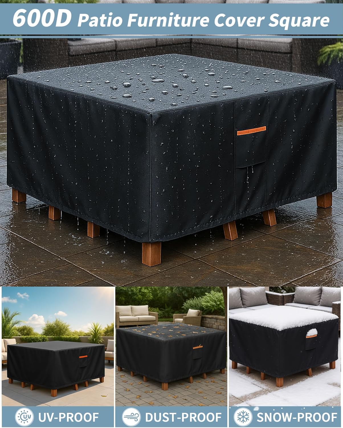 Outdoor Waterproof Furniture Cover, 62W x 62L x 28H inches Heavy Duty 600D Square Table and Chair Set Protection, Black