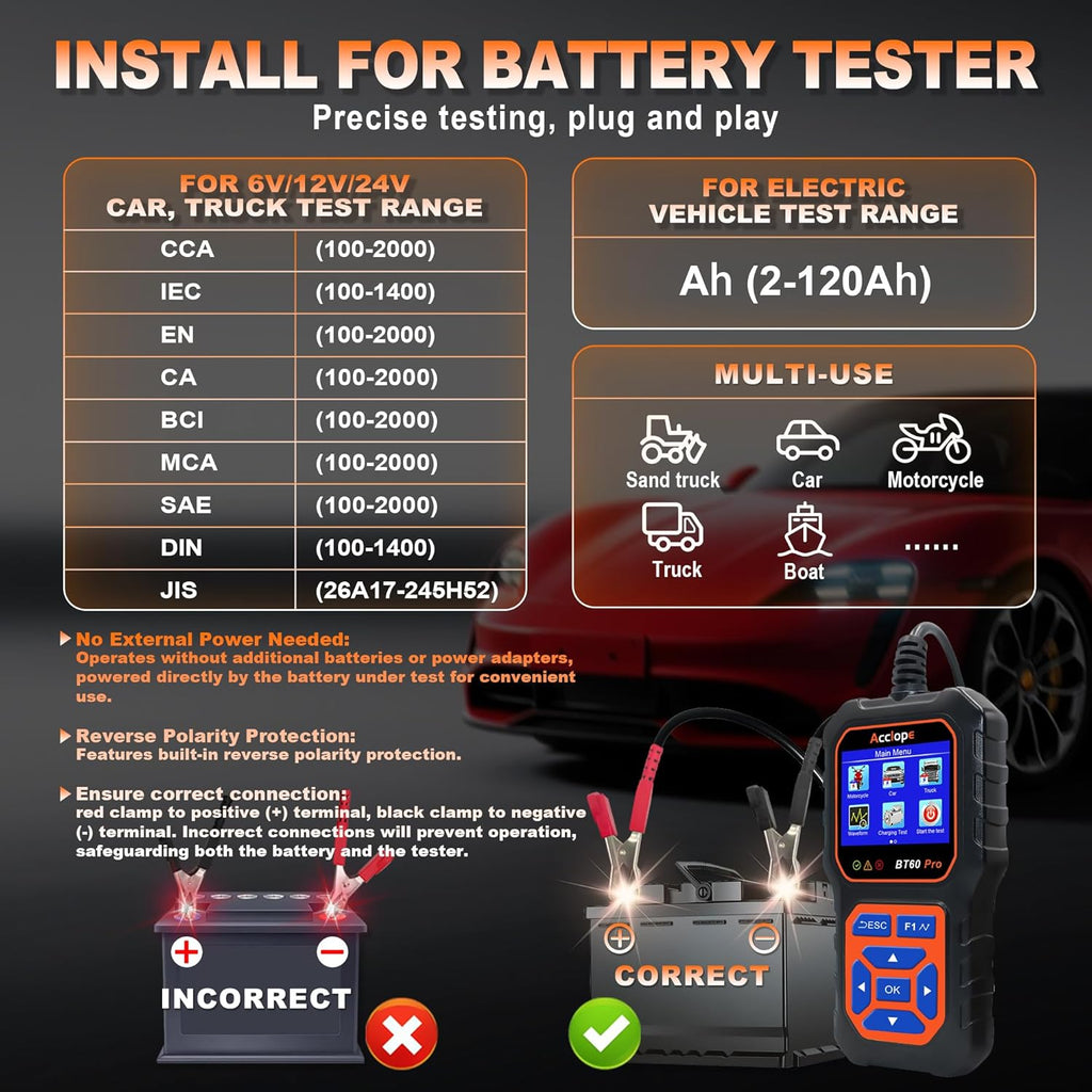 BT60 Pro Acclope Car Battery Tester with Cloud Printing 100-3000 CCA 6V 12V 24V AGM Lithium Gel Battery Checker Automotive Alternator Digital Analyzer Charging Cranking System Vehicles Truck Home-use