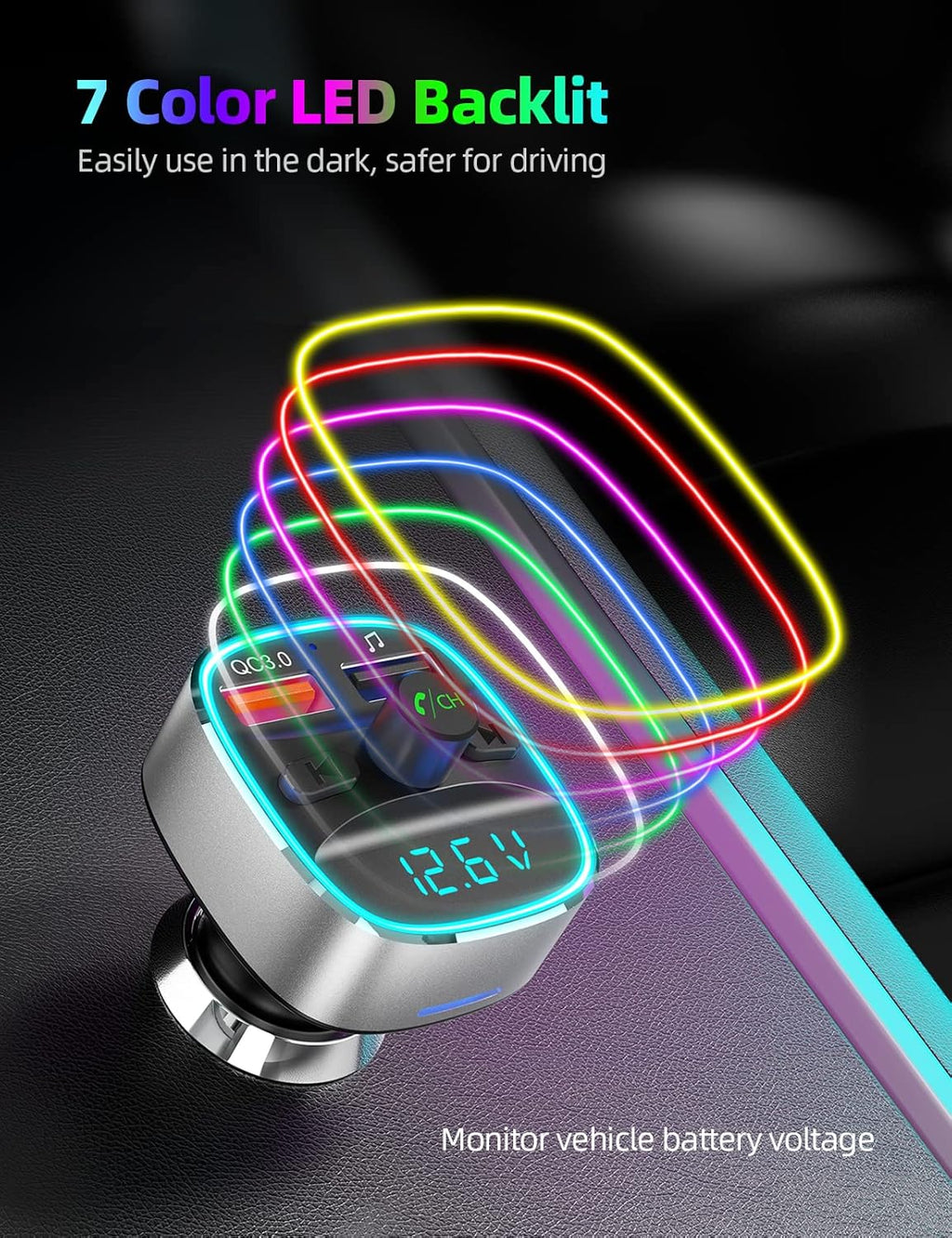 Nulaxy Bluetooth FM Transmitter for Car,Bluetooth Car Adapter Charger with Dual USB Charging Ports, MP3 Music Player Supports TF Card & USB Disk,Hands Free Calling, 7 Colors Led Backlit Light - Silver