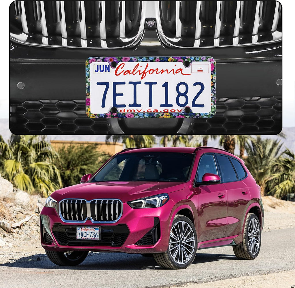 LivTee Flower Floral License Plate Frames, 4 Holes Stainless Steel License Plate Covers, 2PCS Car License Plate Holder, Automotive Exterior Accessories