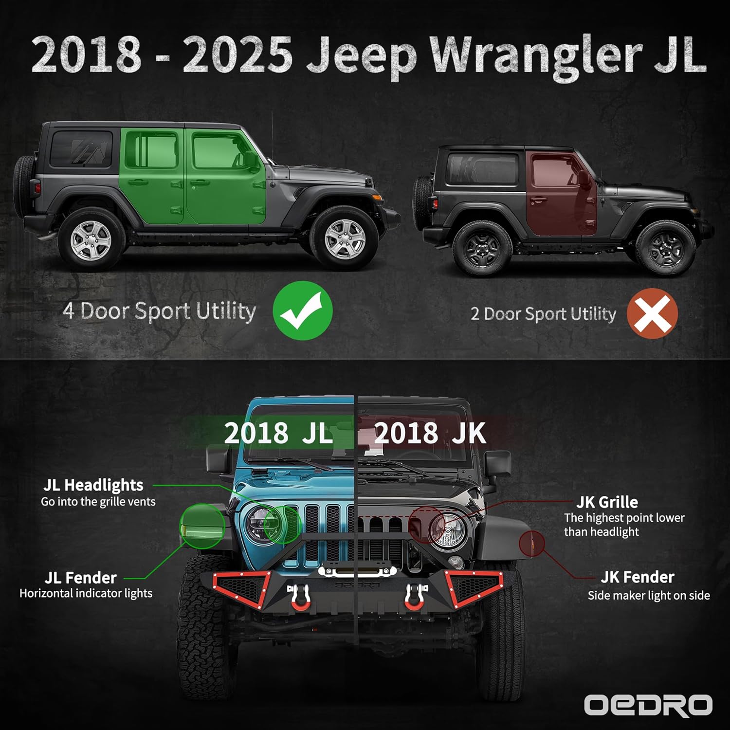 oEdRo 6 inch Running Boards Compatible with 2018-2025 Jeep Wrangler JL Unlimited 4 Door, Bolt-on Drop Side Steps Rails, Powder Coated Black and High Gloss Red Nerf Bar